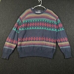Vintage Salty Dog Gant Mens XL Cotton Knit Fair Isle Argyle Crew Sweater Navy